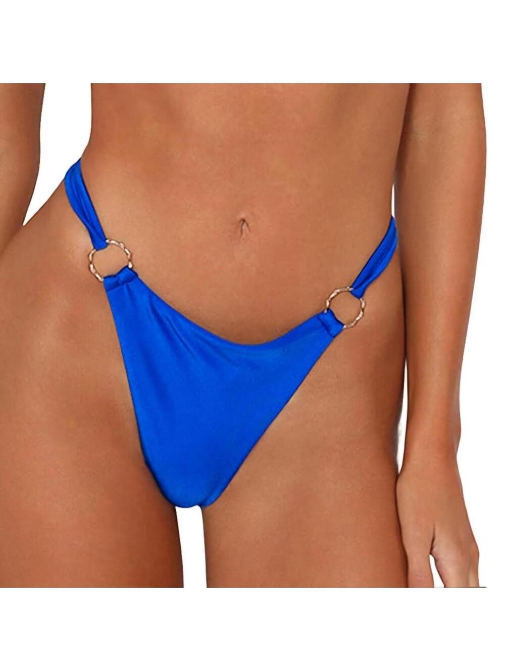 Blue High Cut Bikini Bottom with gold Ring Details